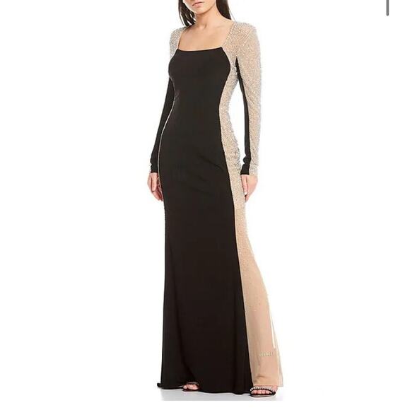 XSCAPE Madison Jersey Knit Caviar Beaded Sides Dress Black/Nude/Silver Sz 8 NWT - Picture 1 of 13